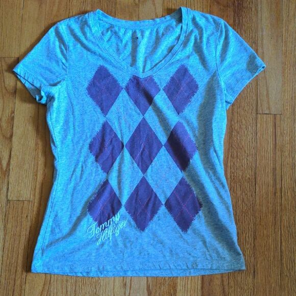 Tommy Hilfiger Women's Gray and Purple Argyle Tee - Picture 1 of 8